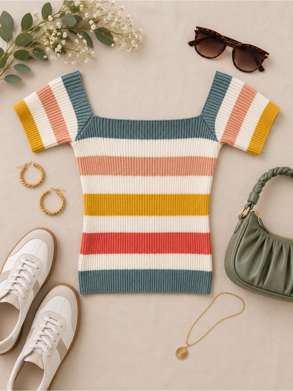 Lulus Multicolor Striped Ribbed Square-Neck Top Size Large